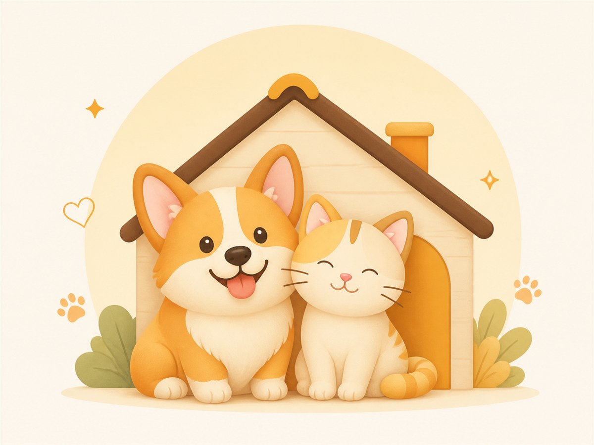 橙白色狗狗和猫咪依偎在温暖的宠物小屋前